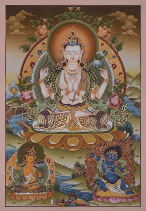 Guardian of Compassion Four Armed Chengrezig | Feature Manjushri and Vajrapani |Guanyin Bodhisattva Thangka
